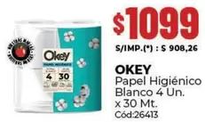 Okey - Papel Higiénico Blanco 4 Un. x 30 Mt. Cód:26413