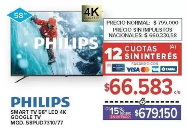 Philips - SMART TV 58" LED 4K GOOGLE TV MOD. 58PUD7310/77
