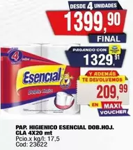 Esencial - PAP. HIGIENICO ESENCIAL DOB.HOJ. CLA 4X20 mt