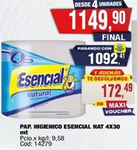 Esencial - PAP. HIGIENICO ESENCIAL NAT 4X30 mt