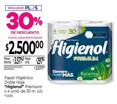 Higienol - Papel Higiénico Doble Hoja Premium x 4 unid. de 30 m. c/u