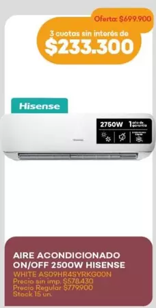Hisense - AIRE ACONDICIONADO ON/OFF 250OW A509HR4SYRKGDON WHITE