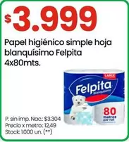Felpita - Papel higiénico simple hoja blanquísimo