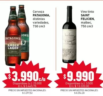 Patagonia - Cerveza PATAGONIA, Vino tinto SAINT FELICIEN
