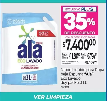 Ala - Jabón Líquido para Ropa baja Espuma Eco Lavado