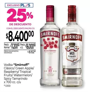 Smirnoff - Vodka "" Clásico/Green Apple/ Raspberry/Tropical Fruits/Watermelon/ Spicy Tamarindo