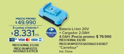Carrefour - Batería Li-lon 20V + Cargador 2.0AH 4.0AH