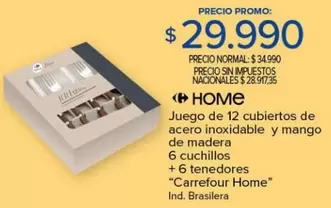 Carrefour home - Juego de 12 cubiertos de acero inoxidable y mango de madera 6 cuchillos + 6 tenedores