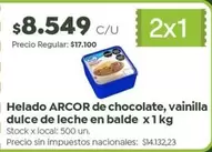 Arcor - Helado de chocolate, vainilla dulce de leche en balde x1kg