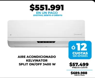 Kelvinator - AIRE ACONDICIONADO SPLIT ON/OFF 3400 W