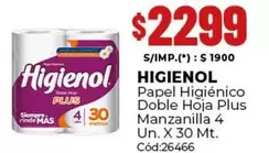 Higienol - Papel Higiénico Doble Hoja Plus Manzanilla 4 Un. X 30 Mt.