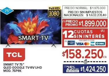 TCL - SMART TV 75" QLED GOOGLE TV-RV UHD MOD. 75P8K