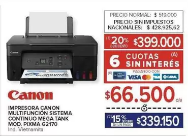 Canon - IMPRESORA MULTIFUNCION SISTEMA CONTINUO MEGA TANK MOD. PIXMA G2170