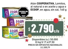 Atún COOPERATIVA, Lomitos, al natural o en aceite y agua o ECOOP