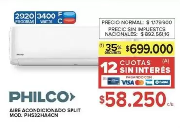 Philco - AIRE ACONDICIONADO SPLIT MOD. PHS32HA4CN