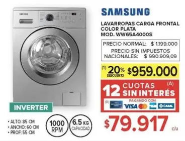 Samsung - LAVARROPAS CARGA FRONTAL COLOR PLATA MOD. WW65A4000S