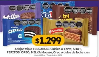 Terrabusi - Clásico o Torta, SHOT, PEPITOS, OREO, MILKA Mousse, Oreo o dulce de leche x un