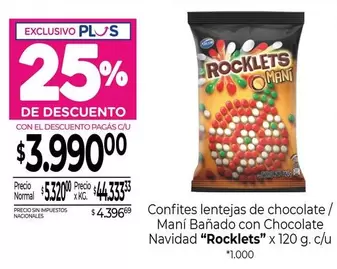 Rocklets - Confites lentejas de chocolate/ Maní Bañado con Chocolate Navidad