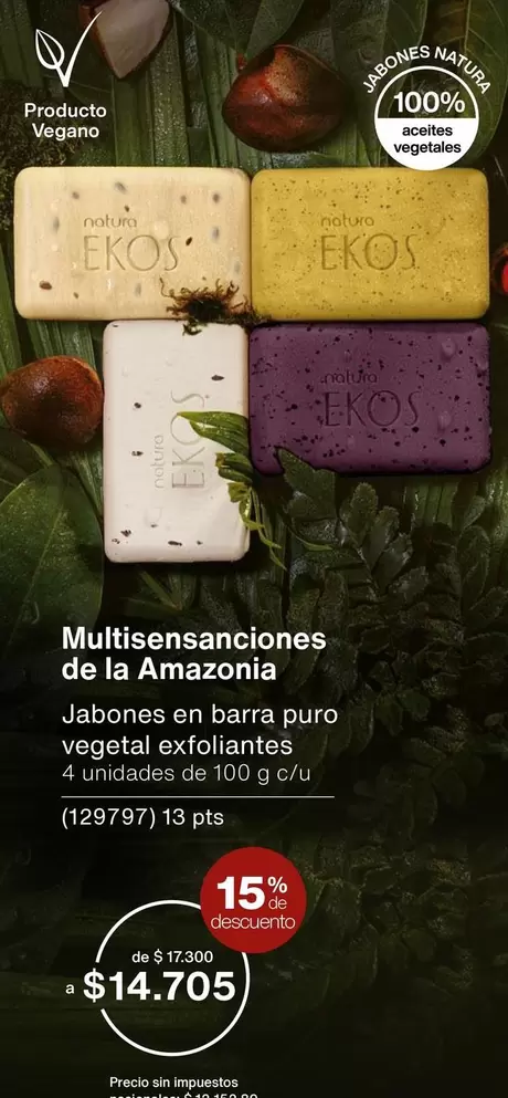 Natura - Multisensanciones de la Amazonia Jabones en barra puro vegetal exfoliantes 4 unidades de 100 g c/u