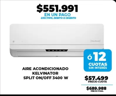 Kelvinator - AIRE ACONDICIONADO SPLIT ON/OFF 3400 W