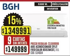BGH - AIRE ACONDICIONADO SPLIT FRIO/CALOR BS153WCGT, XU.