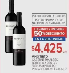 Benjamin - VINO TINTO CABERNET/MALBEC BOTELLA X 750 CC