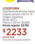 Lysoform - Desinfectante elimina olores original aerosol x 55 ml