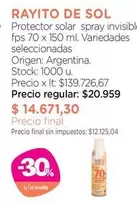 Rayito de sol - Protector solar spray invisible fps 70 x 150 ml. Variedades seleccionadas