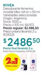 Nivea - Desodorante femenino invisible b&w roll on