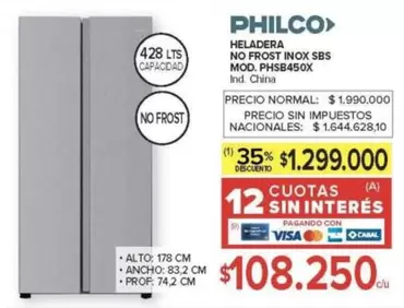 Philco - HELADERA NO FROST INOX SBS MOD. PHSB450X