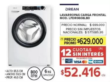 Drean - LAVARROPAS CARGA FRONTAL MOD. LFDRO608LBO