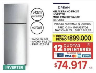 Drean - HELADERA NO FROST INVERTER MOD. RZN320PCARXO