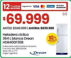 Drean - Heladera cíclica HDR400F30B