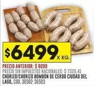Ciudad del Lago - CHORIZO/CHORIZO BOMBON DE CERDO CIUDAD DEL LAGO, COD. 36502-36503