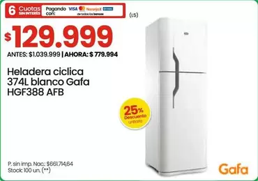 Gafa - Heladera ciclica 374L blanco HGF388 AFB
