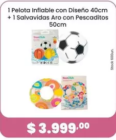 Aro - 1 Pelota Inflable con Diseño 40cm + 1 Salvavidas  con Pescaditos 50cm