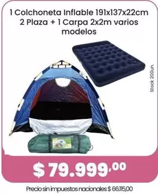 1 Colchoneta Inflable 191x137x22cm 2 Plaza + 1 Carpa 2x2m varios modelos