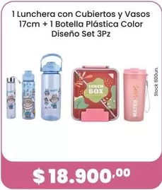 Lunchera con Cubiertos y Vasos 17cm + 1 Botella Plástica Color Diseño Set 3Pz