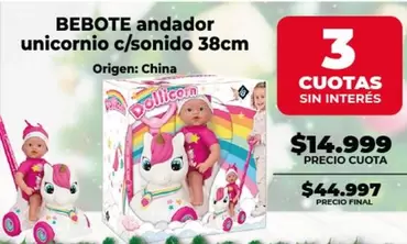 Origen - andador unicornio c/sonido 38cm