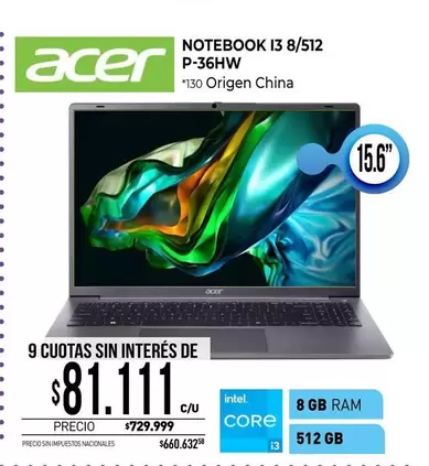Acer - NOTEBOOK I3 8/512 P-36HW