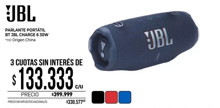 JBL - PARLANTE PORTÁTIL BT  CHARGE 6 30W