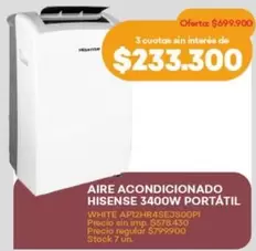 Hisense - AIRE ACONDICIONADO 3400W PORTÁTIL