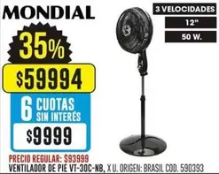 Mondial - VENTILADOR DE PIE VT-30C-NB