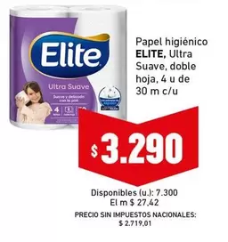 Elite - Papel higiénico Ultra Suave doble hoja, 4 u de 30 m c/u