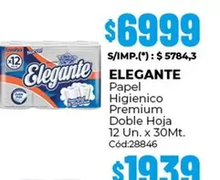 Elegante - Papel Higienico Premium Doble Hoja 12 Un. x 30Mt. Cód:28846