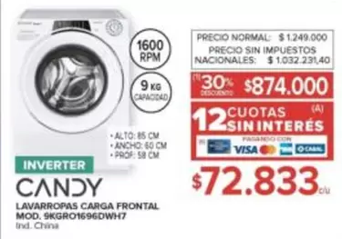 Candy - LAVARROPAS CARGA FRONTAL MOD, 9KGRO1696DWH7