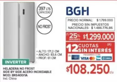 BGH - HELADERA NO FROST SIDE BY SIDE ACERO INOXIDABLE MOD: BRS40011A