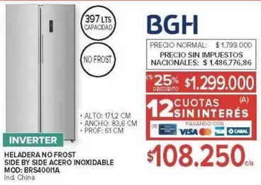 BGH - HELADERA NO FROST SIDE BY SIDE ACERO INOXIDABLE MOD: BRS400/1A