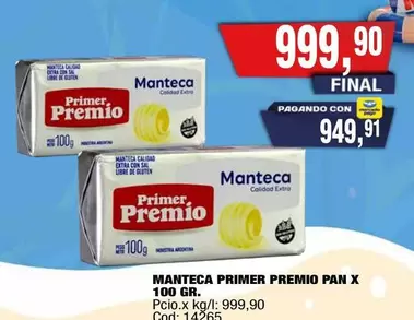 Primer Premio - MANTECA PRIMER PREMIO PAN X 100 GR