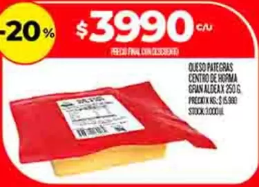 Pategras - QUESO PATEGRAS CENTRO DE HORMA GRAN ALDEAX 250 S